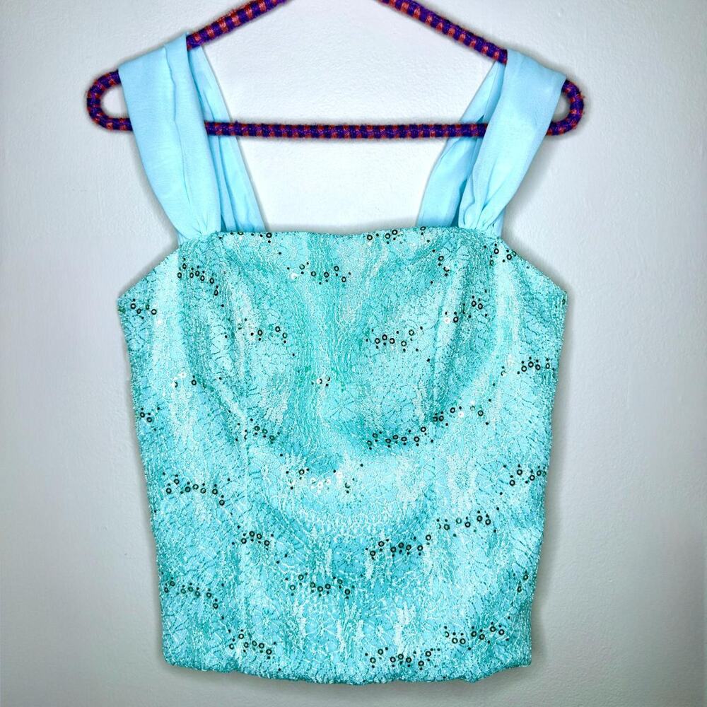 Vintage Y2K Ice Blue Floral Sequin Formal Bustier Top - Small/Medium